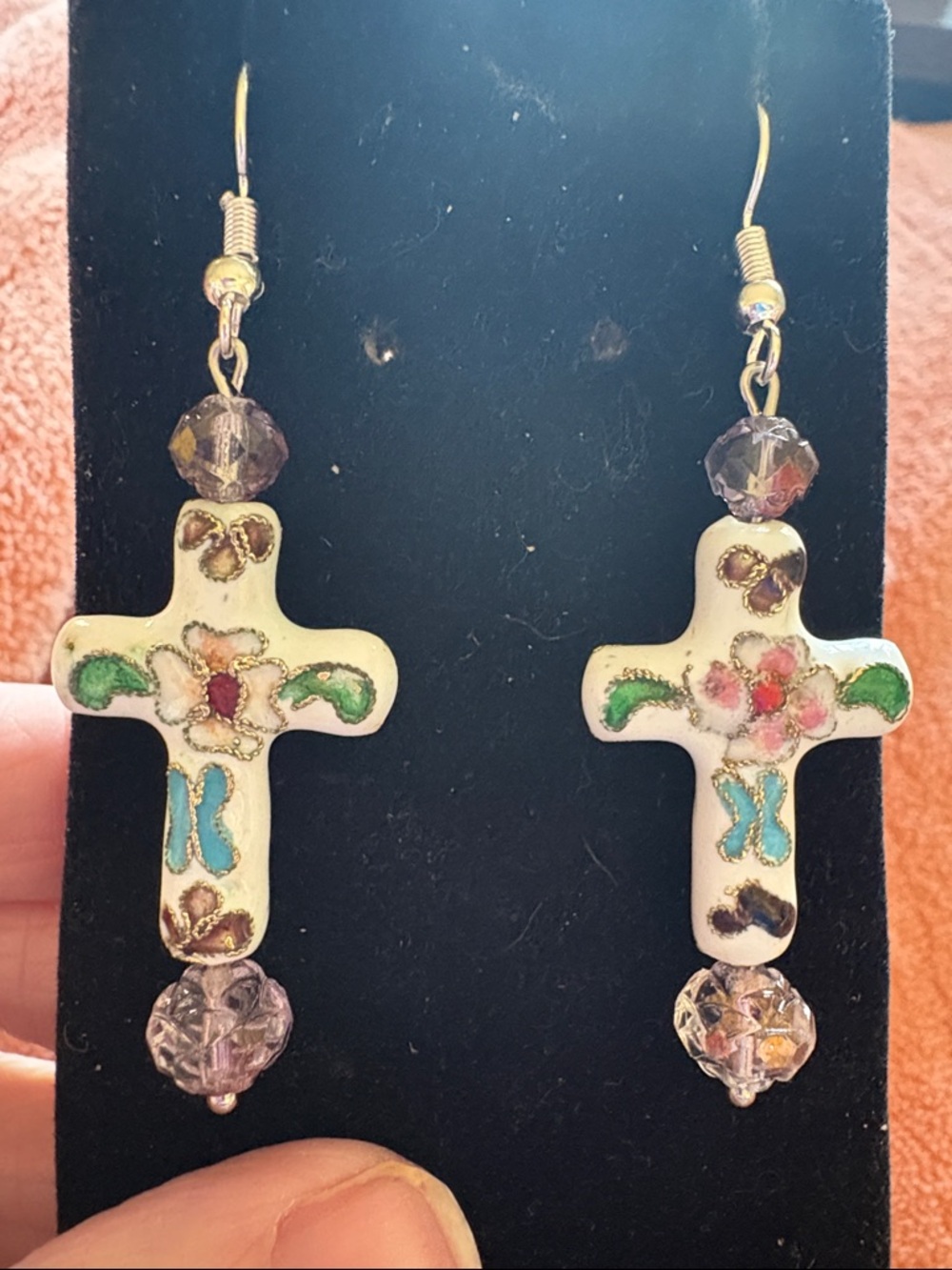 Hand Crafted White Cloisonné Cross Drop Earrings with Pink, Green & Blue Accents